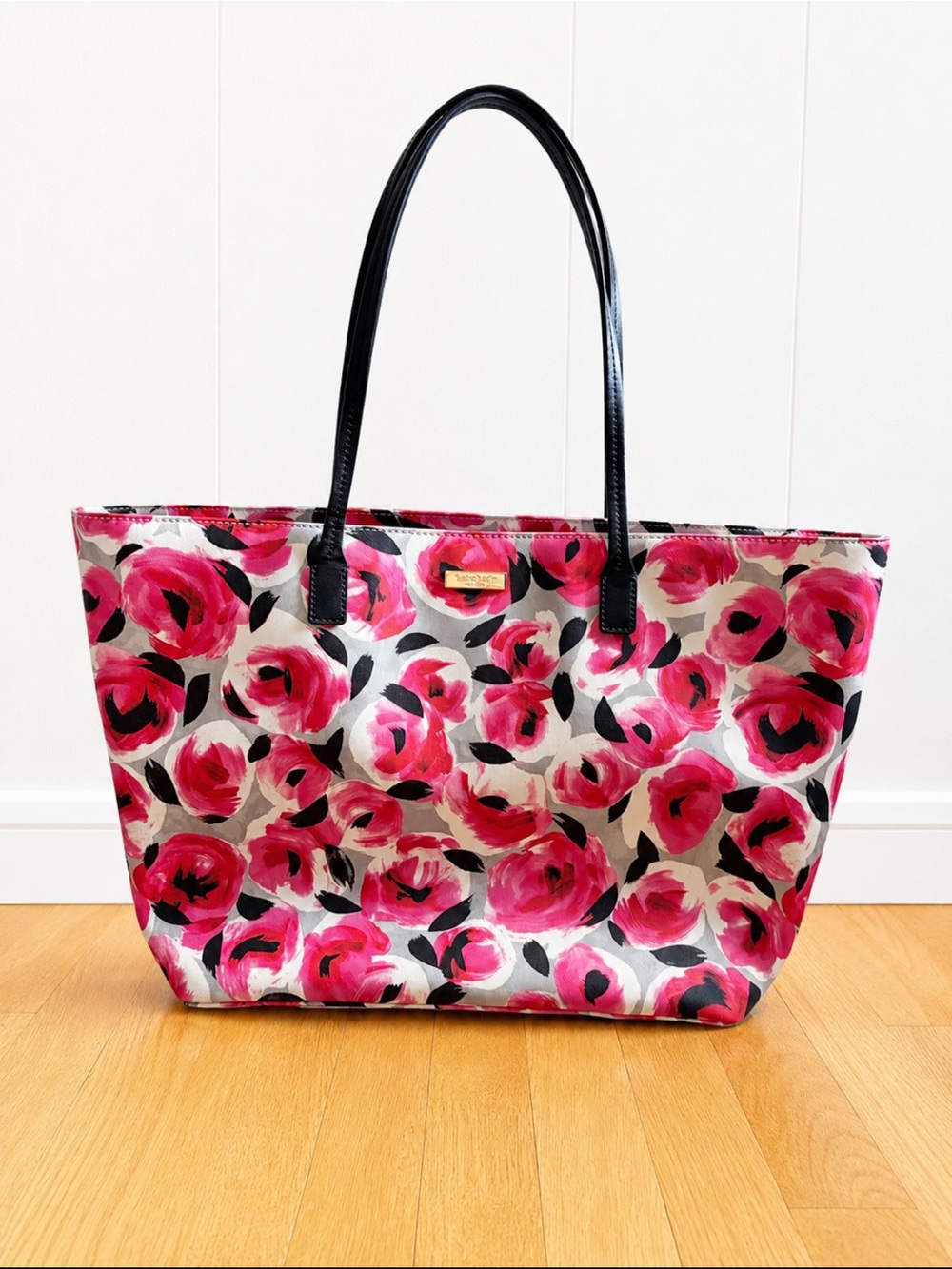 kate spade Pink Floral Tote with Black Handles